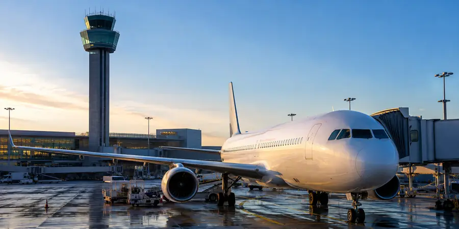 Aircraft and control tower at an airport