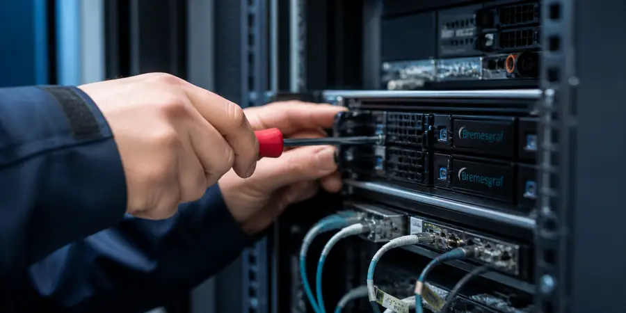 Technician servicing equipment in a rack
