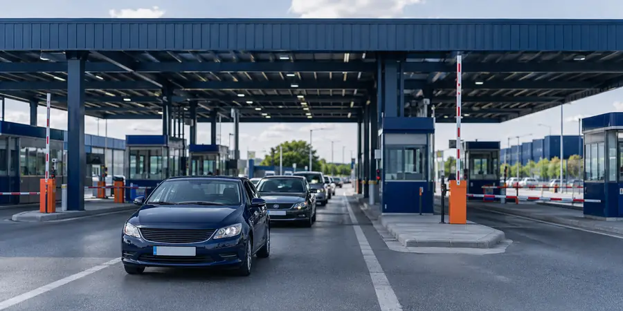 Vehicles at a border inspection canopy