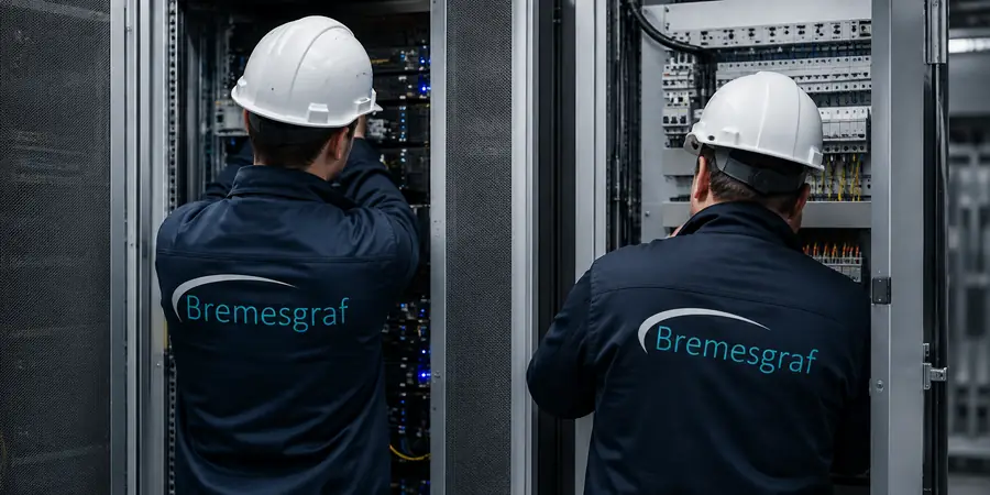 Engineers installing equipment in a technical cabinet