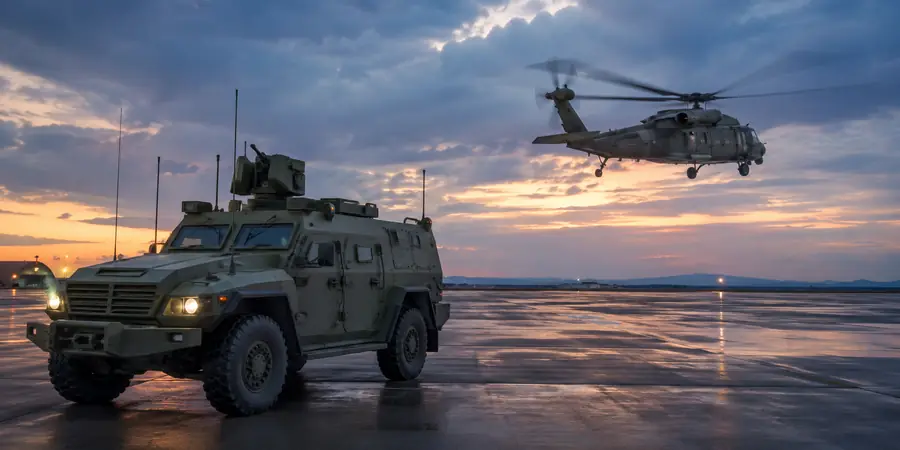 Defence vehicles and helicopters at dusk