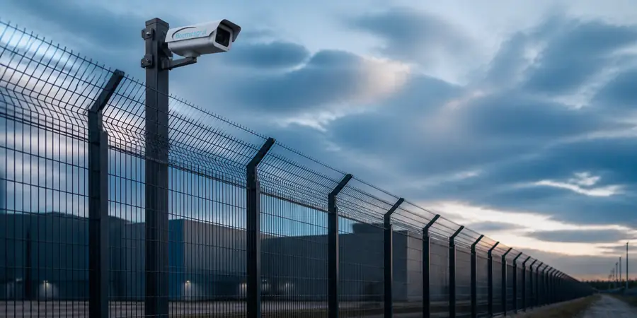 Security fencing and camera along a site boundary