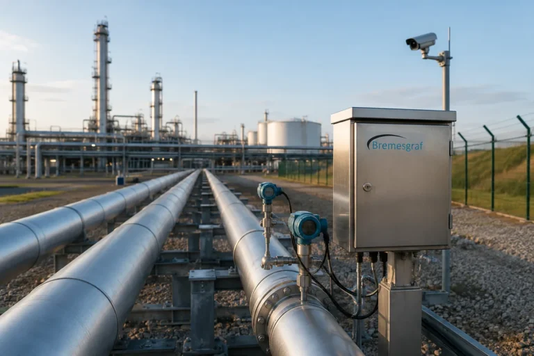Pipeline monitoring cabinet, sensors and surveillance camera beside a pipeline run
