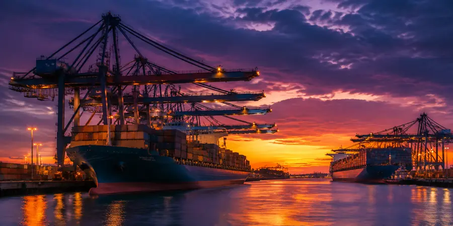 Container cranes at a seaport at sunset