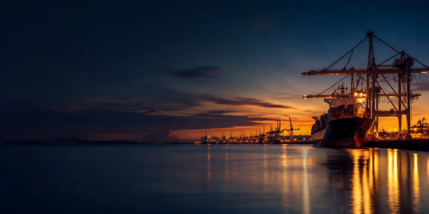 Port cranes at sunset