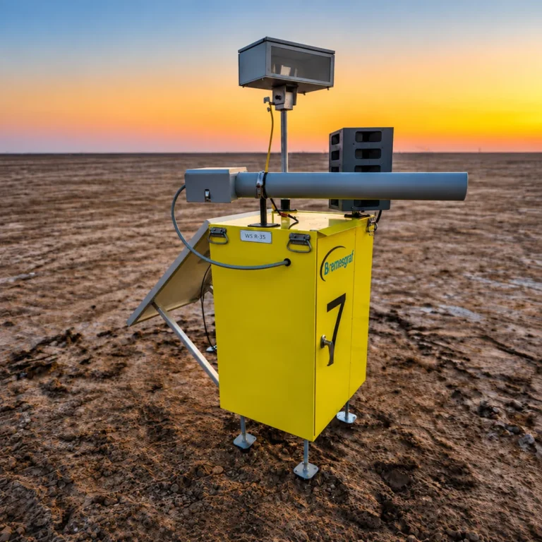 Secondary Deterrence Unit deployed in the field at dusk, with its acoustic array, laser head and propane cannon mounted on the cabinet