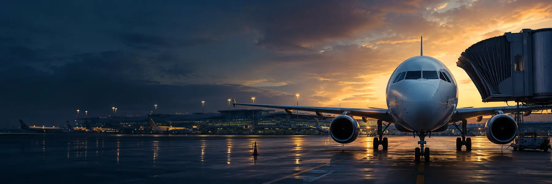 Aircraft on stand at an airport terminal at dusk