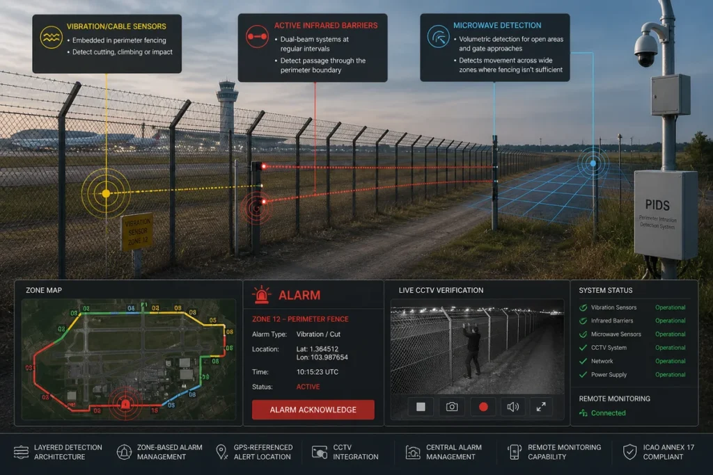 Perimeter intrusion detection monitoring along a fence line