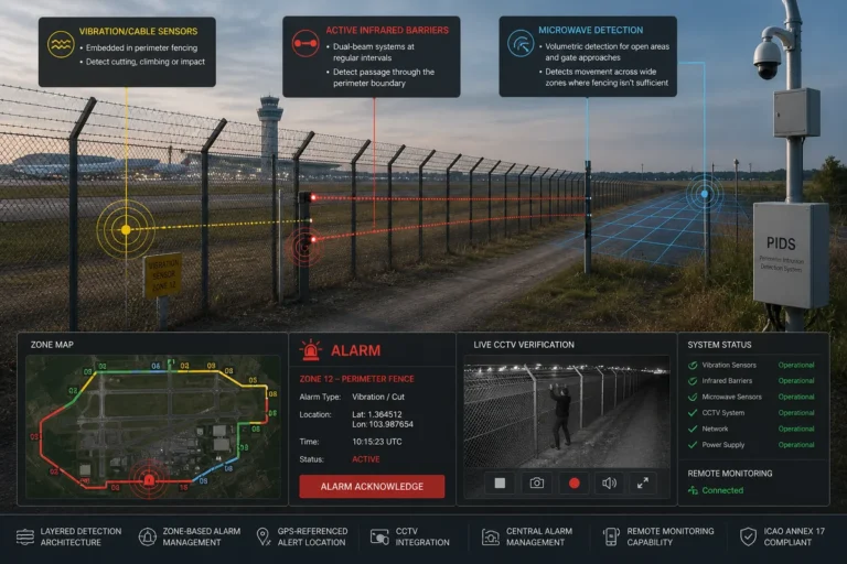 Perimeter intrusion detection monitoring along a fence line