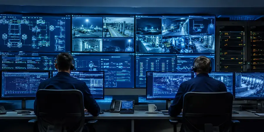 Operators monitoring integrated systems in a control room