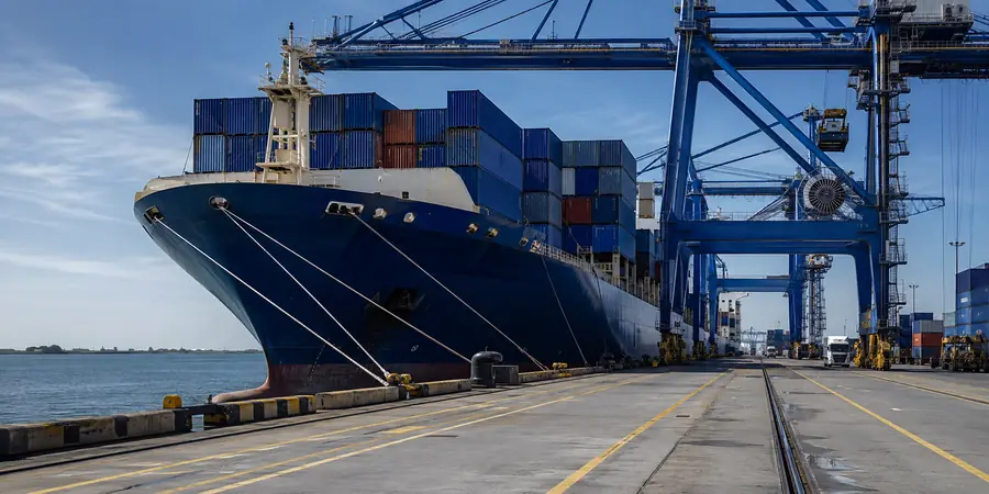 Container ship at a logistics terminal
